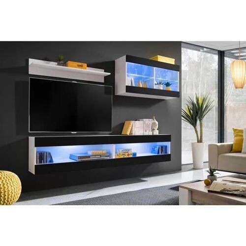 Meuble TV Ensemble Komodee TIVOLI SET6 - LED Bleues - Espace ouvert Blanc Noir 35 x 200 x 195 cm