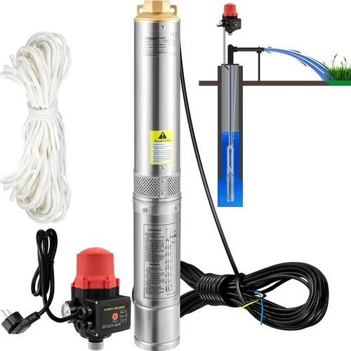 Pompe Submersible pour Puits Profonds-Duoku-750W-230V 105L/min 62m Head IP68 Stainless Steel