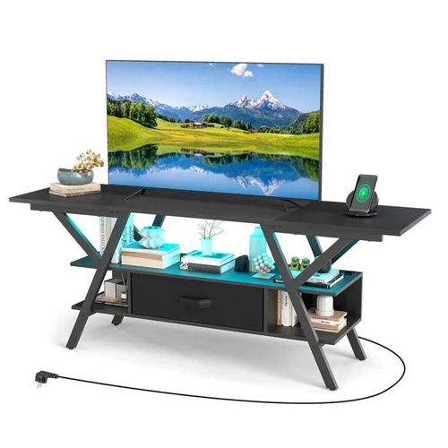 Costway 65" Meuble Tv À 3 Niveaux Avec Led Et Station De Charge, Étagères De Rangement Et Tiroir Pour Salon, Chambre, Noir