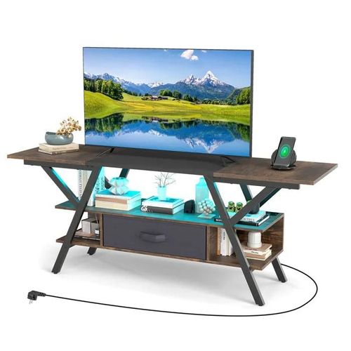 Costway 65" Meuble Tv À 3 Niveaux Avec Led Et Station De Charge, Étagères De Rangement Et Tiroir Pour Salon, Chambre, Marron