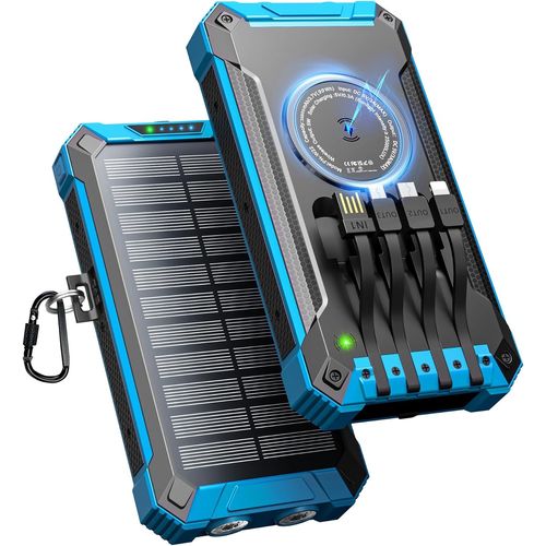 Batterie Externe Solaire 26800mah Avec 4 Câbles, Chargeur Solaire Portable Sans Fil Batterie Externe Usb-C 15w Charge Rapide 6 Sorties 3 Entrées Pour Téléphone, Avec Lampe De Poche, Mousqueton