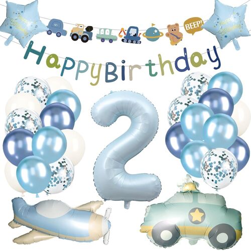 MEVRONISSHOP-Décoration d'anniversaire 2 ans garçon 31 pièces, avion ballons 2e anniversaire voiture, 2 ans décoration d'anniversaire bleu pastel, ballon voiture 2 ans, décoration 2e anniversaire gar