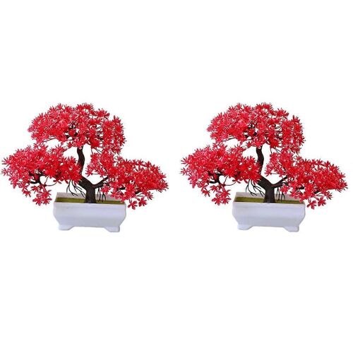 2 Pcs Plante Artificielle Bonsaï En Plastique Petit Arbre Pot Plante Fleur En Pot Ornements Pour La Table De Salle À La Maison, Rouge
