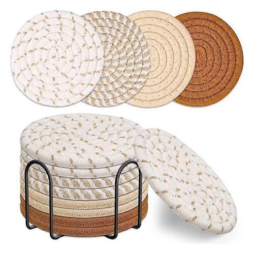 8 Pcs Drink Coasters Avec Support, 4 Couleurs Absorbent Coasters Pour Boissons, Ensemble De Sous-Verres Tissé En Coton
