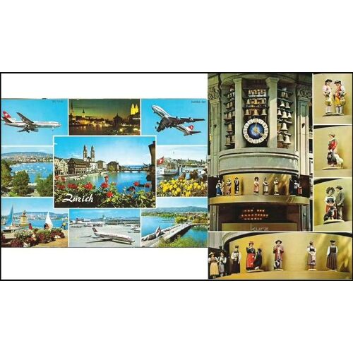 Suisse, Lot 2 Belles Cartes Postales Neuves, Vues De Zurich Et Carillon Avec Personnages Folkloriques.