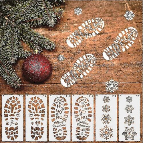 6pcs Santa Footprint Stencil Pour La Peinture,Noël Snowflake Stencils Modèle De Dessin Réutilisable Santa Footprint