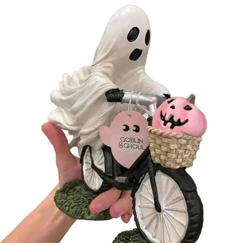 Halloween fantôme rose citrouille Figurine Effrayant vélo vélo blanc fantôme résine statue sculpture décoration de bureau en plein air