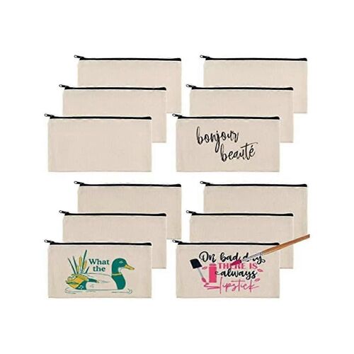 12 Pcs Blanc Toile Sacs Trousse À Crayons, Toile Maquillage Trousses, Toile Unie Fermeture À Glissière Pochette Sacs, Pour La Peinture, École, Organisateur