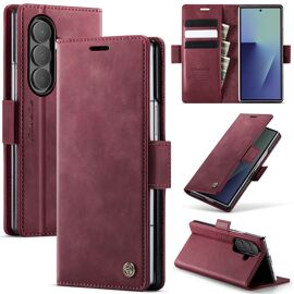 Coque Pour Samsung Z Fold 7,Étui Housse Samsung Z Fold 7 AntichocSupport Pliable,Clamshell,Brosse Anti-Vol,Étui De Téléphone À Cassette Vintage veau texture - Rouge