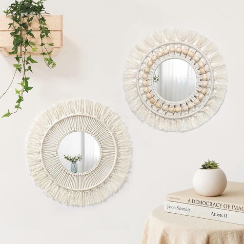 2 Pieces Macrame Wall Hanging Decorative Mirror With Woven Leaves Boho Fringe Round Mirror For Bedroom Living Room Nursery Home Decor (Style-09)