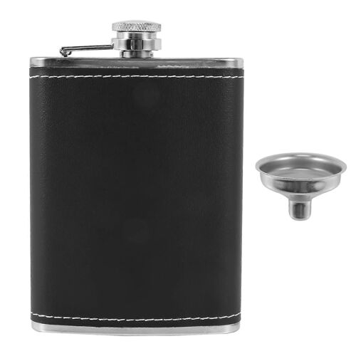 Flacon de poche 8 avec entonnoir en acier inoxydable avec couvercle enveloppé de cuir noir et étanche - Fi