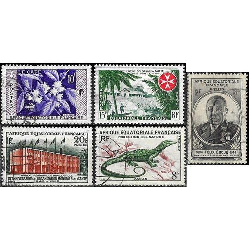 Ensemble De Colonies D'Afrique Equatoriale, Beaux Timbres Yvert 206 Félix Eboué, 231 Protection De La Nature, 236 Le Café, 237 Ordre De Malte Et 242 Organisation Mondiale De La Santé, Oblitérés, Tbe.