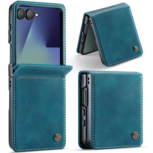 Coque Pour Samsung Z Flip 7,Étui Housse Samsung Z Flip 7 AntichocSupport Pliable,Clamshell,Brosse Anti-Vol,Étui De Téléphone À Cassette Vintage veau texture - Bleu