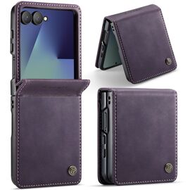 Coque Pour Samsung Z Flip 7,Étui Housse Samsung Z Flip 7 AntichocSupport Pliable,Clamshell,Brosse Anti-Vol,Étui De Téléphone À Cassette Vintage veau texture - Mauve