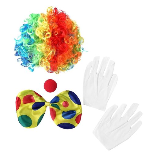 Arc-en-ciel Clown Costume Perruque Éponge Nez Noeud Papillon Gant Blanc Clown Ensemble pour Cosplay Vêtements Accessoires