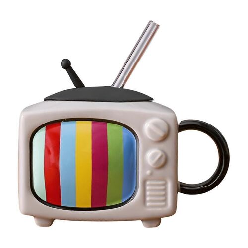Ensemble de tasses à café carrées en céramique avec paille et couvercle, style rétro TV, gris clair