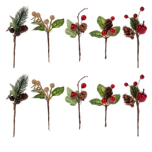 30Pcs Baie de Noël rouge et cône de pin pics avec des branches de houx pour vacances Floral Decor Fleur C