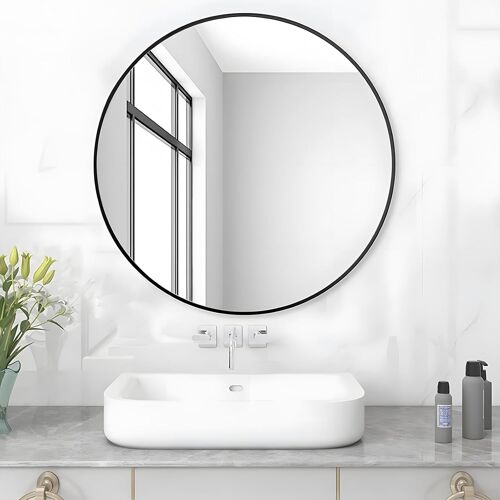 Lisa MIJ Miroir de Salle de Bain Rond sans éclairage, Noir, diamètre : 50 cm, avec Cadre en métal Noir Mat, décoratif, Noir