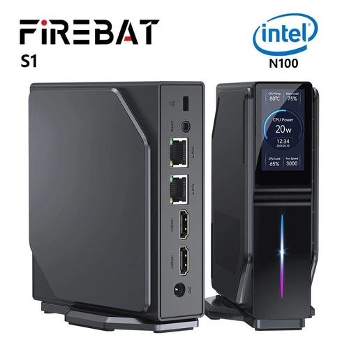 Mini PC FIREBAT S1 Intel N100 4 coeurs - 3.4 GHz max - Ram 16 Go - SSD 512 Go, 2 ports HDMI double écran, Wi-Fi 5, Bluetooth 4.2, 2 ports USB 3.2, 2 ports USB 2.0, 2 ports LAN, 1 port audio