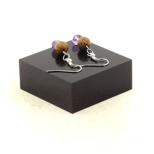 Boucles D'oreilles 2 Perles Améthyste Du Brésil + Bois 8 Mm En Acier Fabriqué En France.