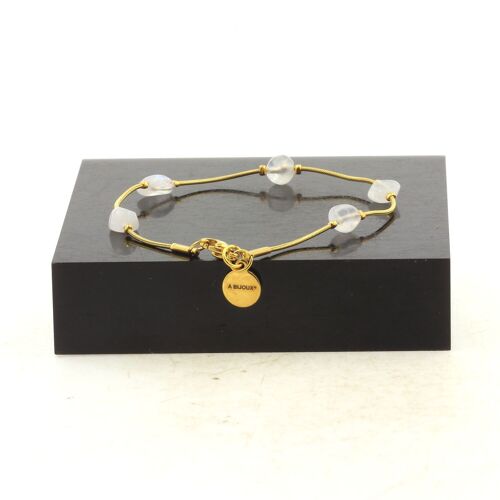 Bracelet En Acier Doré Inoxydable 5 Perles Pierre De Lune D'inde De Fabriqué En France.