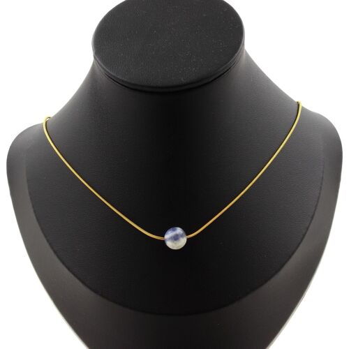 Collier 1 Perle Sodalite 8 Mm Chaine En Acier Doré Inoxydable.