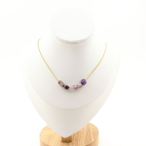 Collier 5 Perles Charoite De Russie. Chaine En Acier Doré Inoxydable Collier Femmes, Hommes. Taille Personnalisable.