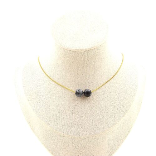 Collier 2 Perles Obsidienne Flocon De Neige 8 Mm. Chaine En Acier Doré Collier Femmes, Hommes. Taille Personnalisable.