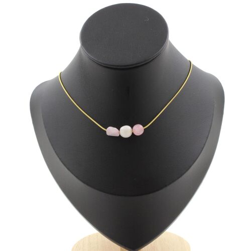 Collier 3 Perles Kunzite Du Brésil. Chaine En Acier Doré Inoxydable Collier Femmes, Hommes. Taille Personnalisable.