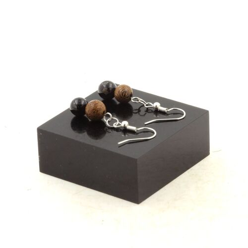 Boucles D'oreilles 2 Perles Tourmaline Schorl + Bois 8 Mm En Acier Fabriqué En France.