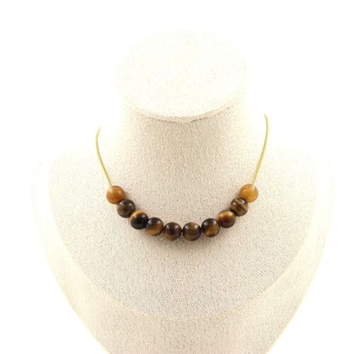 Collier 10 Perles Oeil De Tigre 8 Mm. Chaine En Acier Doré Inoxydable Collier Femmes, Hommes. Taille Personnalisable.