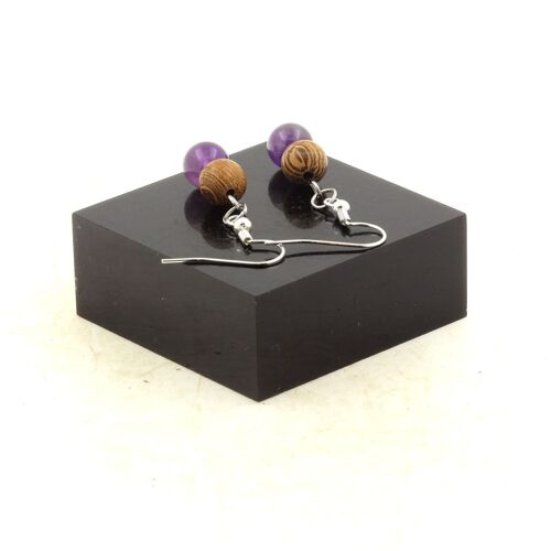 Boucles D'oreilles 2 Perles Améthyste + Bois 8 Mm En Acier Inoxydable. Fabriqué En France.