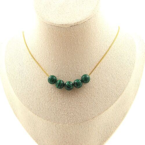 Collier 5 Perles Malachite (Avec Résine) 8 Mm. Chaine En Acier Doré Collier Femmes, Hommes. Taille Personnalisable.