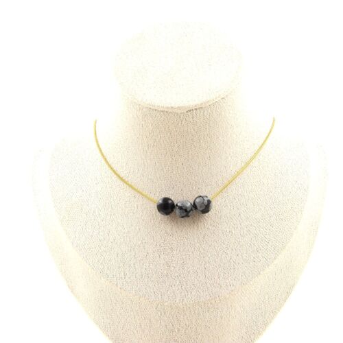 Collier 3 Perles Obsidienne Flocon De Neige 8 Mm. Chaine En Acier Doré Collier Femmes, Hommes. Taille Personnalisable.