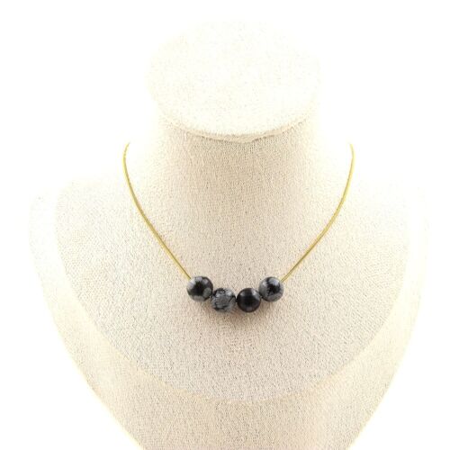 Collier 4 Perles Obsidienne Flocon De Neige 8 Mm. Chaine En Acier Doré Collier Femmes, Hommes. Taille Personnalisable.