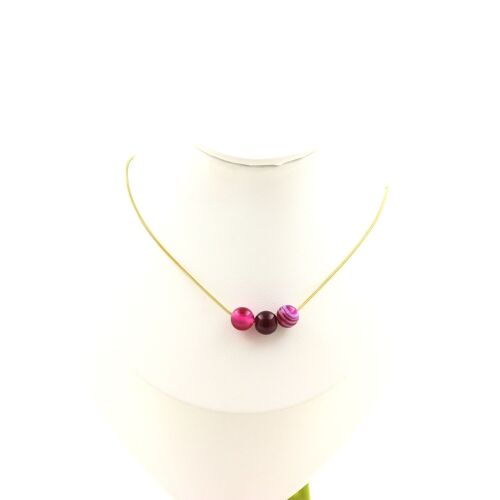 Collier 3 Perles Agate Rubanée Rose 8 Mm. Chaine En Acier Doré Collier Femmes, Hommes. Taille Personnalisable.