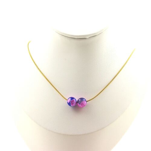 Collier 2 Perles Agate Veines De Dragon Fuchsia Et Bleu 8 Mm Chaine En Acier Doré Inoxydable.