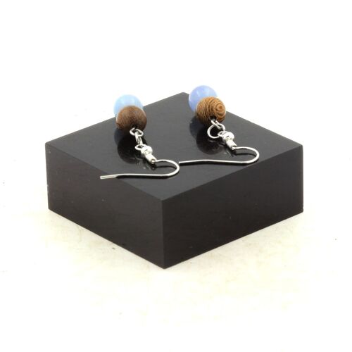 Boucles D'oreilles 2 Perles Calcédoine Bleu + Bois 8 Mm En Acier Fabriqué En France.