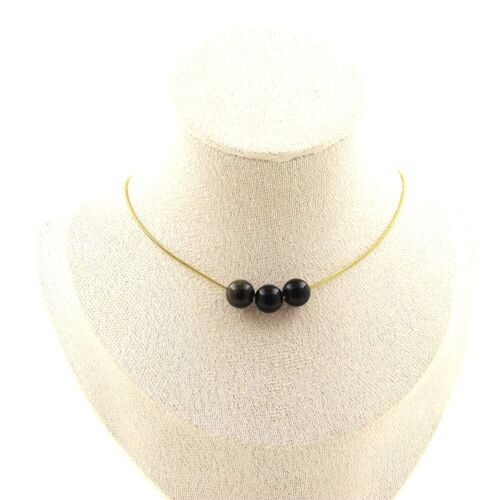 Collier 3 Perles Obsidienne Dorée 8 Mm. Chaine En Acier Doré Collier Femmes, Hommes. Taille Personnalisable.