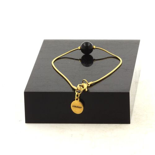 Bracelet En Acier Inoxydable Doré 1 Perle Agate Noire 8 Mm. Fabriqué En France.