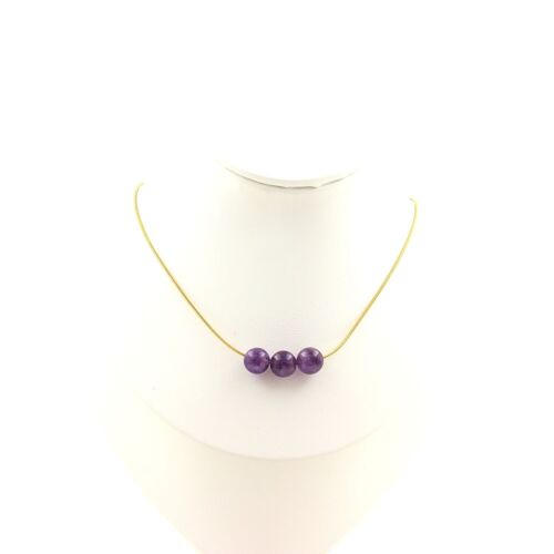 Collier 3 Perles Améthyste 8 Mm. Chaine En Acier Doré Inoxydable Collier Femmes, Hommes. Taille Personnalisable.