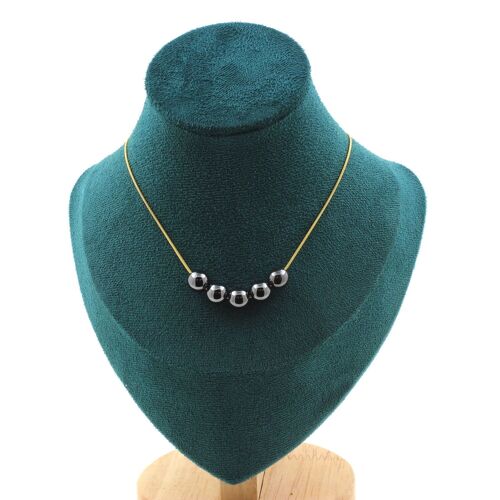 Collier 5 Perles Hématite 8 Mm. Chaine En Acier Doré Inoxydable Collier Femmes, Hommes. Taille Personnalisable.