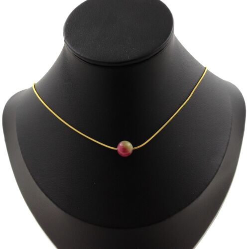 Collier 1 Perle Tourmaline Bicolore 8 Mm. Chaine En Acier Fabriqué En France.
