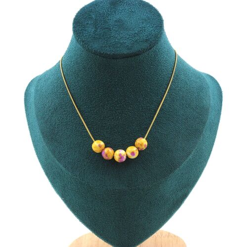 Collier 5 Perles Jaspe Jaune Violet 8 Mm. Chaine En Acier Doré Collier Femmes, Hommes. Taille Personnalisable.