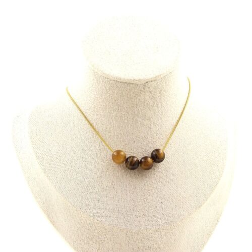 Collier 4 Perles Oeil De Tigre 8 Mm. Chaine En Acier Doré Inoxydable Collier Femmes, Hommes. Taille Personnalisable.