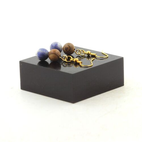 Boucles D'oreilles 2 Perles Sodalite + Bois 8 Mm En Acier Doré Fabriqué En France.
