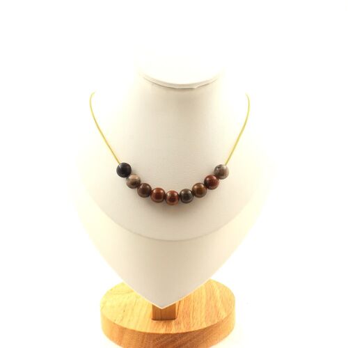 Collier 10 Perles Bois Pétrifié 8 Mm. Chaine En Acier Doré Inoxydable Collier Femmes, Hommes. Taille Personnalisable.