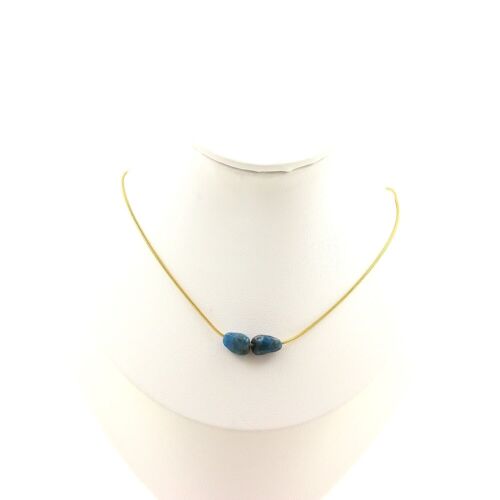 Collier 2 Perles Apatite Bleu Du Brésil. Chaine En Acier Doré Collier Femmes, Hommes. Taille Personnalisable.