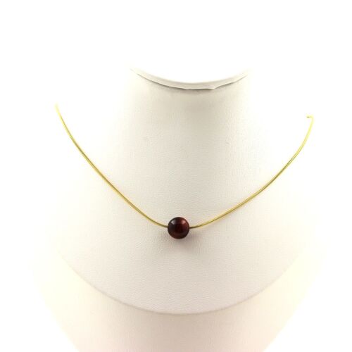 Collier 1 Perle Oeil De Tigre Rouge 8 Mm. Chaine En Acier Fabriqué En France.