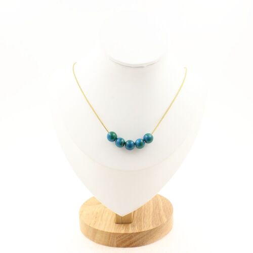 Collier 5 Perles Chrysocolle Teintée 8 Mm. Chaine En Acier Doré Collier Femmes, Hommes. Taille Personnalisable.